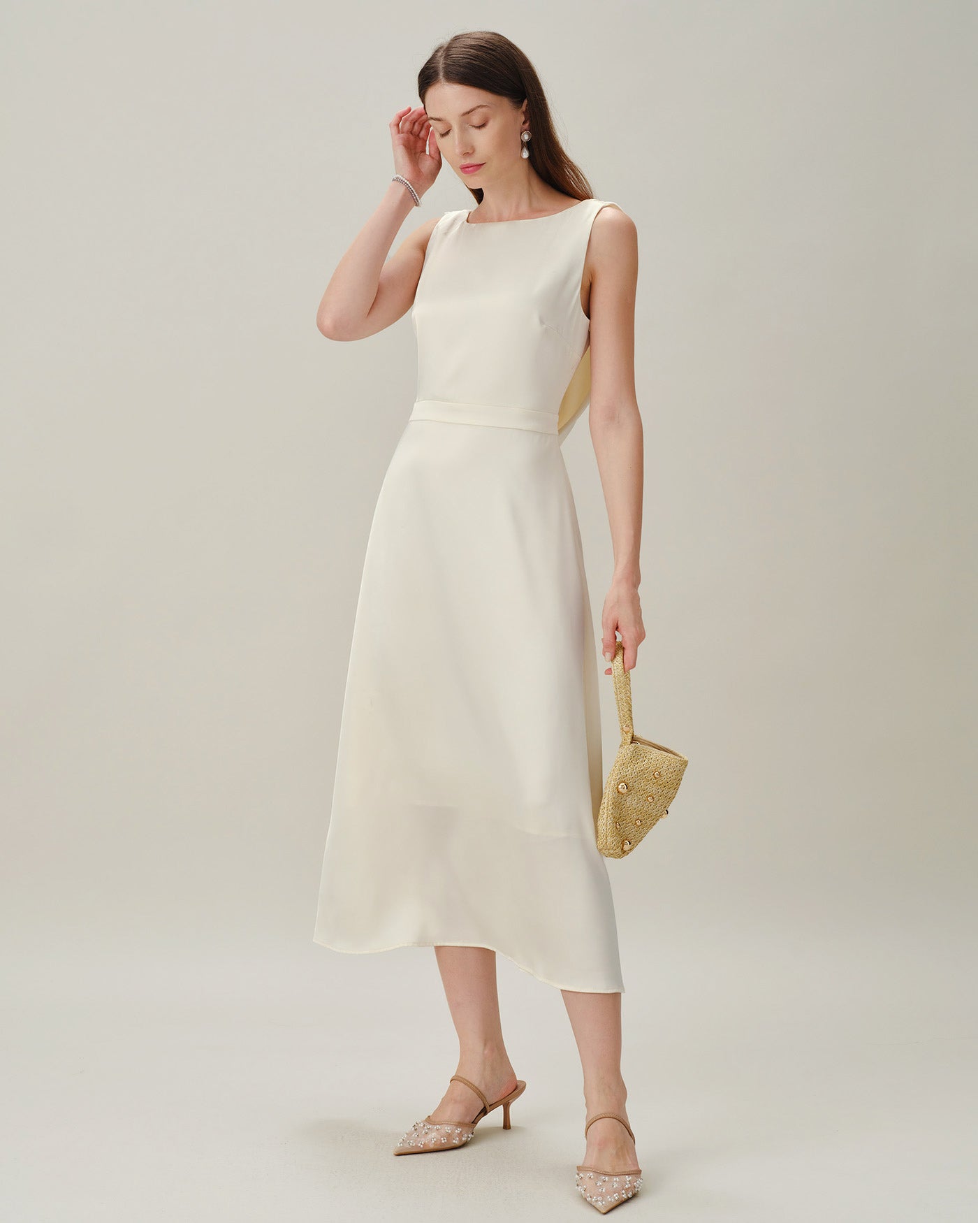 Apricot Pearl Satin Midi Dress with Boat Neck