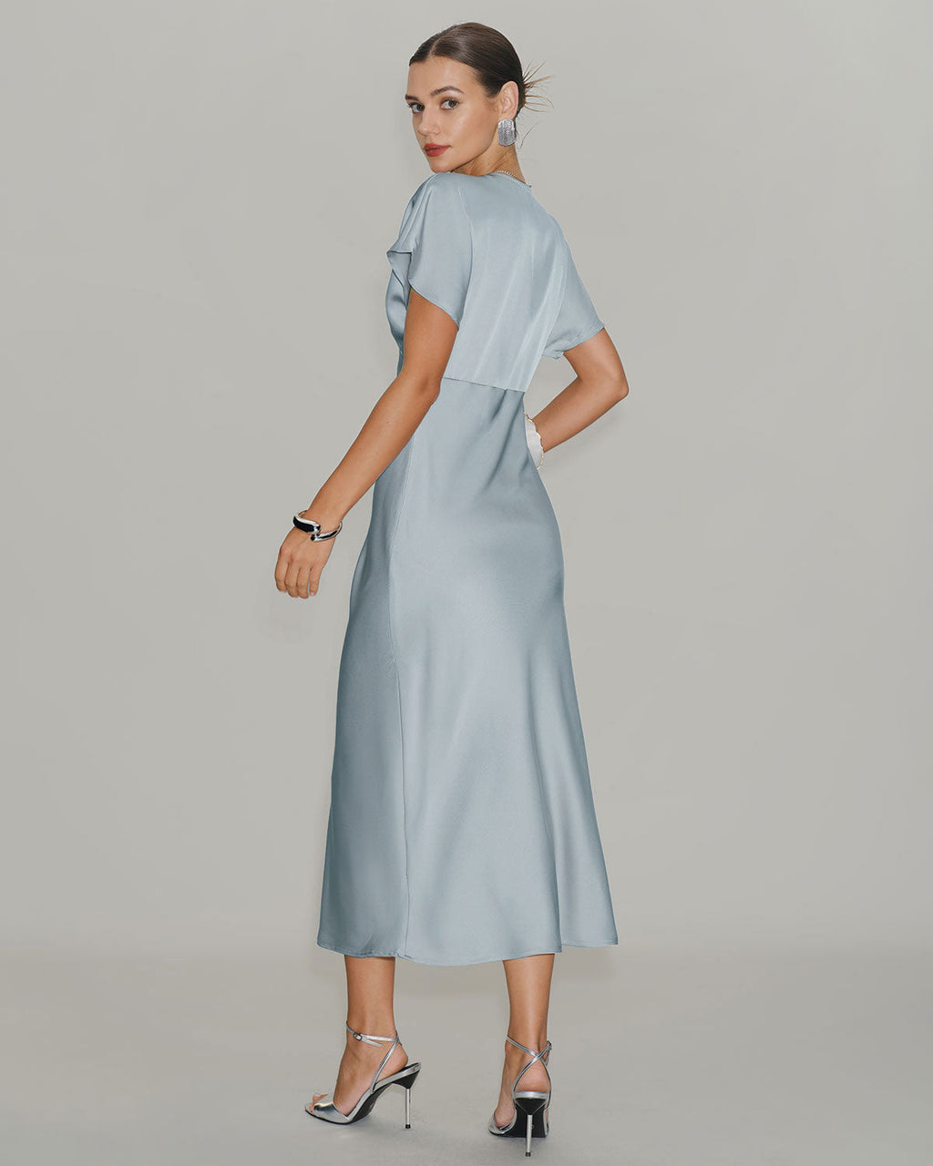 Blue Satin Midi Dress with V-Neck and Cowl Sleeves