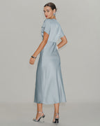 Blue Satin Midi Dress with V-Neck and Cowl Sleeves