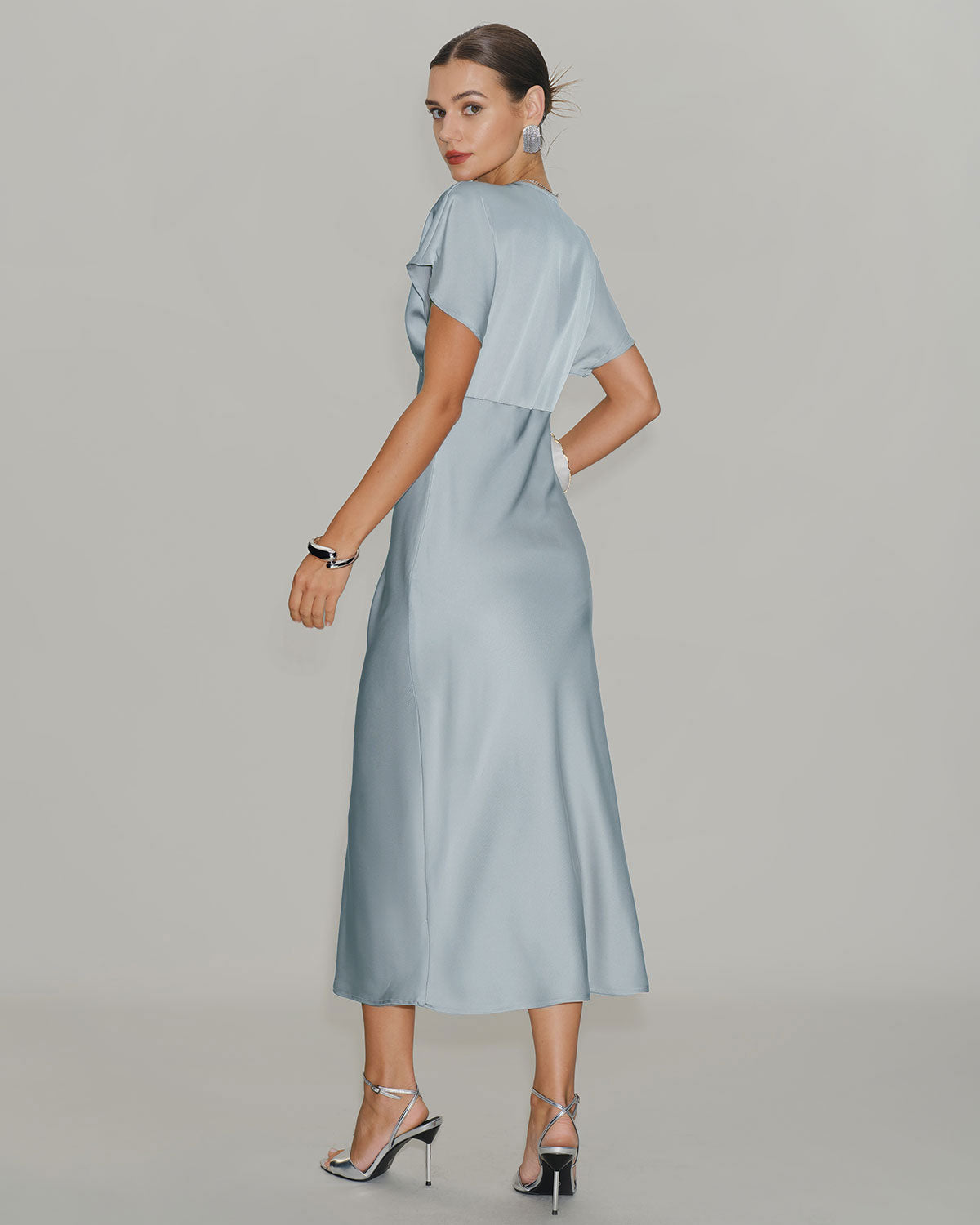 Blue Satin Midi Dress with V-Neck and Cowl Sleeves