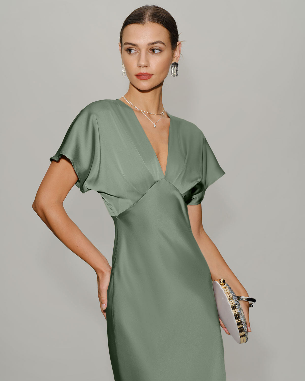 Emerald Satin V-Neck A-Line Midi Dress
