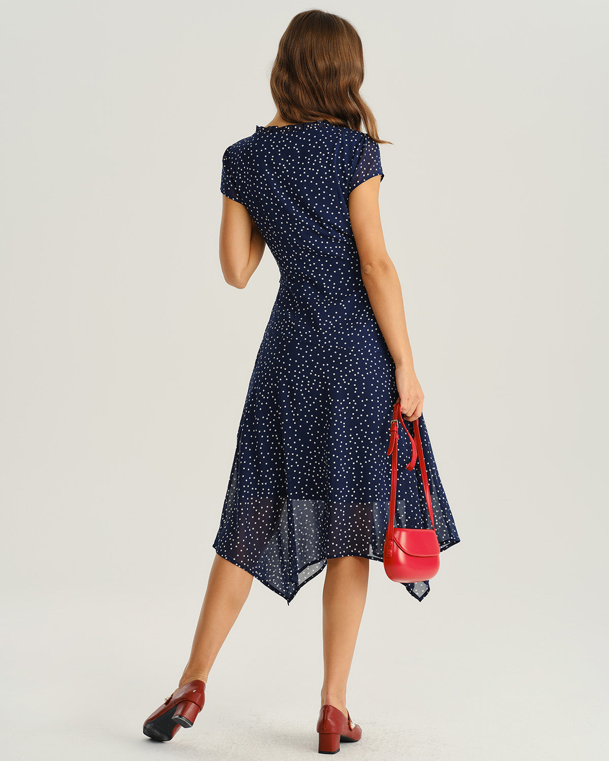 Navy Midi Dress with Cap Sleeves and Polka Dot Print