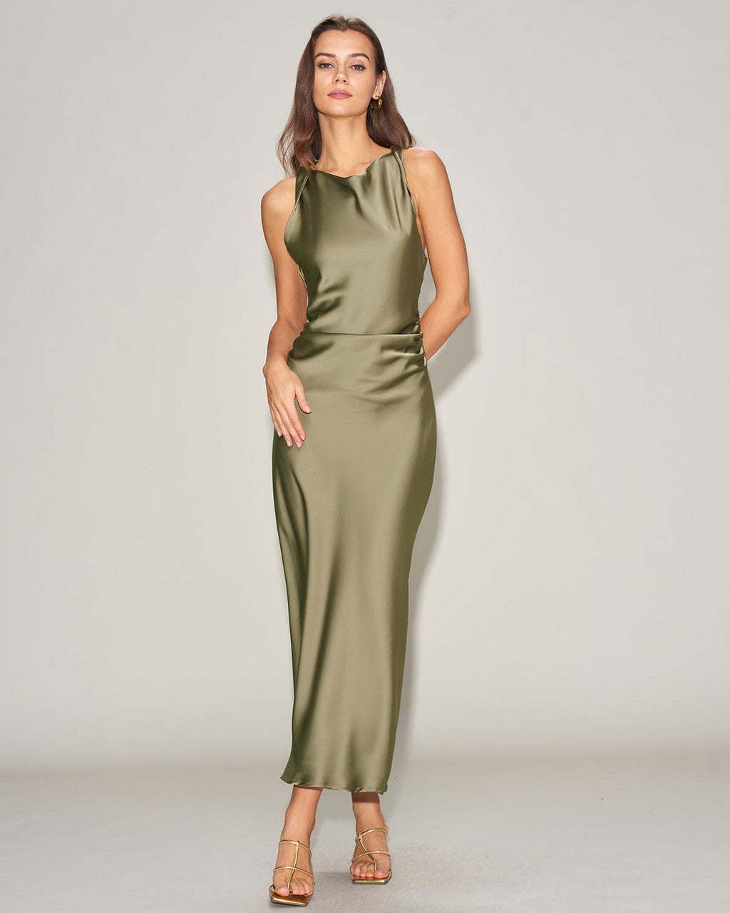 Emerald Satin Boat Neck Midi Slip Dress