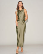 Emerald Satin Boat Neck Midi Slip Dress