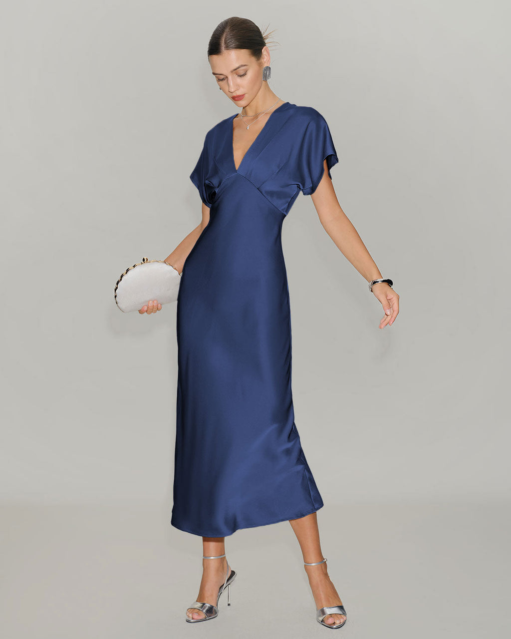 Navy Satin Midi Dress with Cowl Sleeves