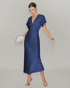 Navy Satin Midi Dress with Cowl Sleeves