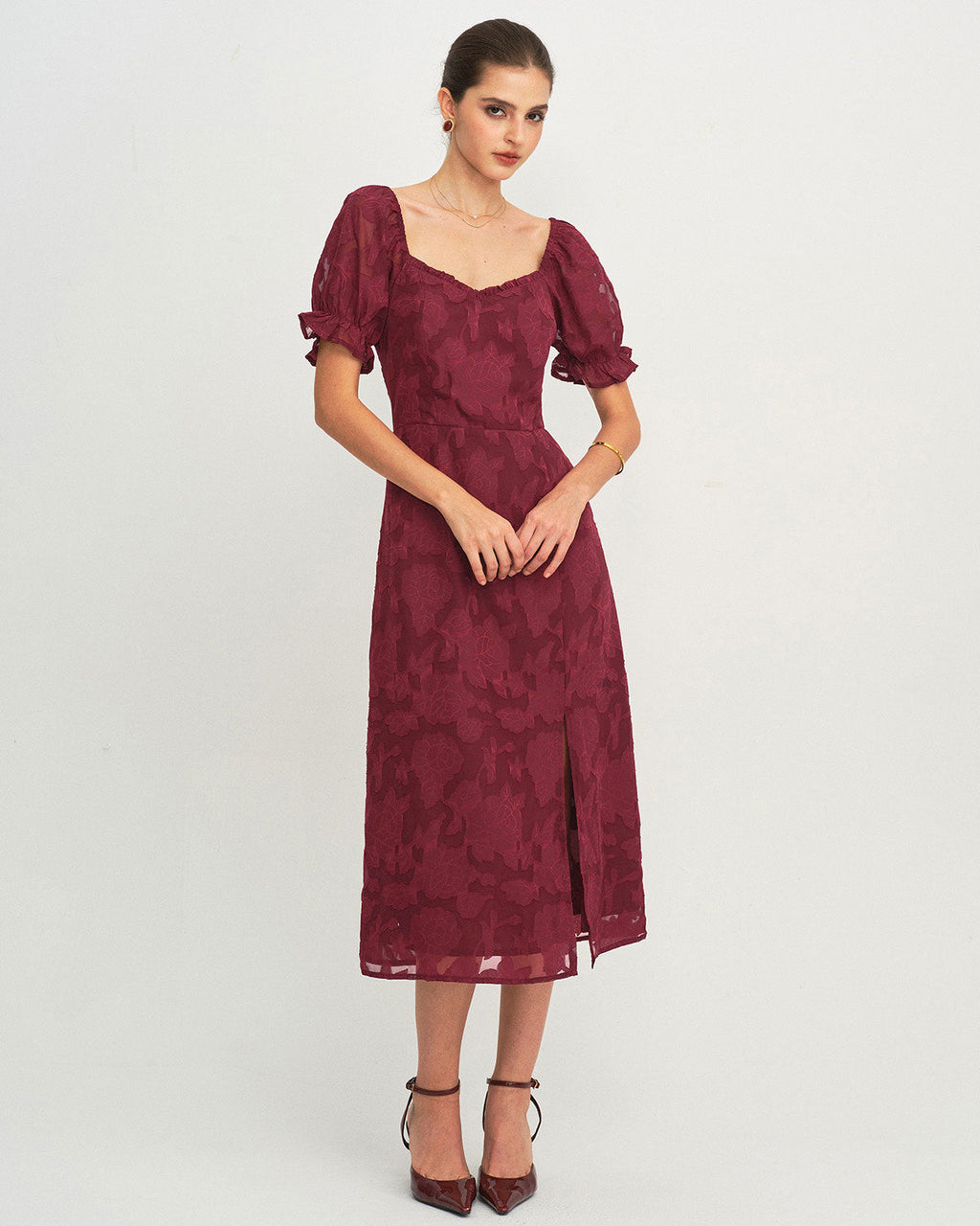 Wine Red Jacquard Midi Dress with Slit