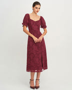 Wine Red Jacquard Midi Dress with Slit