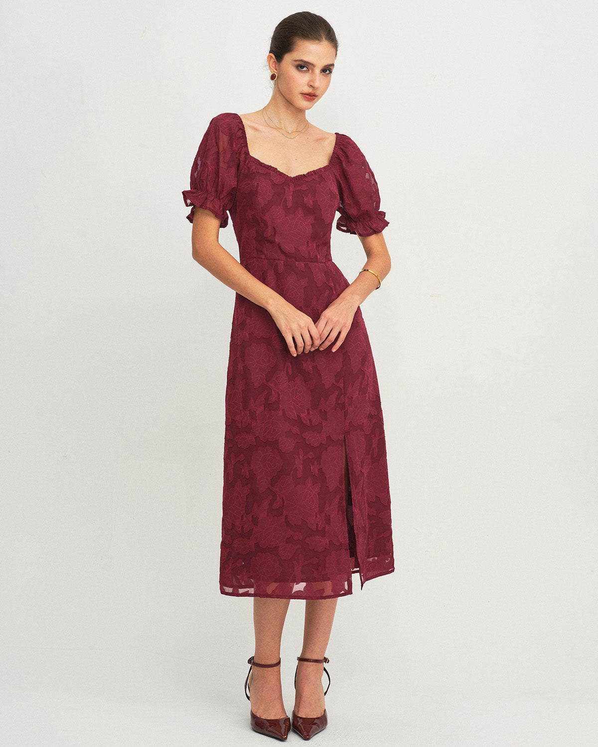Wine Red Jacquard Midi Dress with Slit