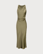 Emerald Satin Boat Neck Midi Slip Dress