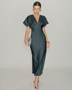 Grey-Green Satin Midi Dress with Cowl Sleeves