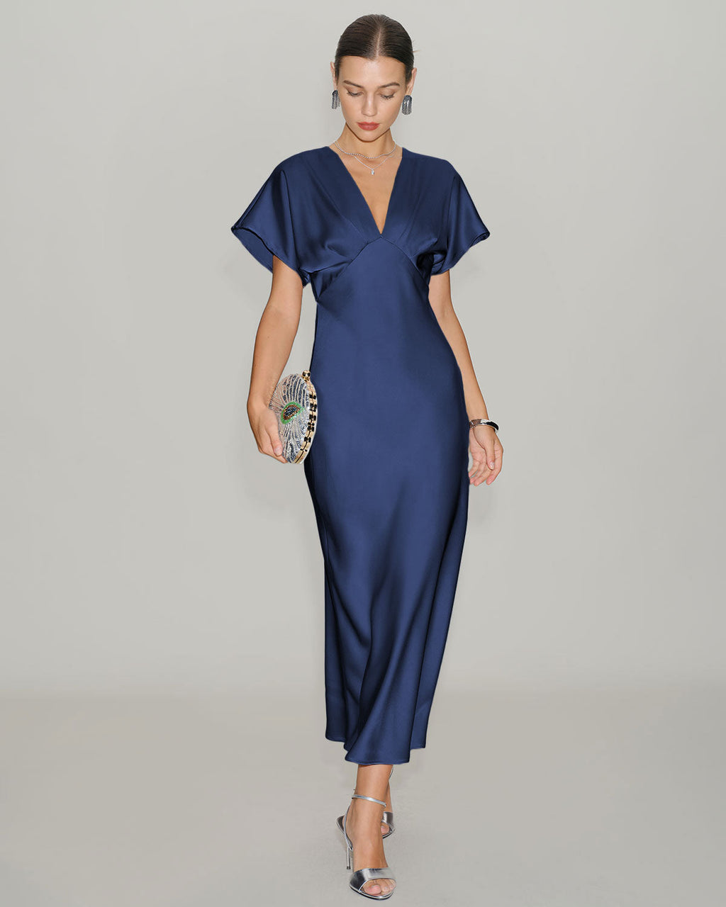Navy Satin Midi Dress with Cowl Sleeves