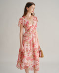 Floral Chiffon Midi Dress in Pink with V-Neck