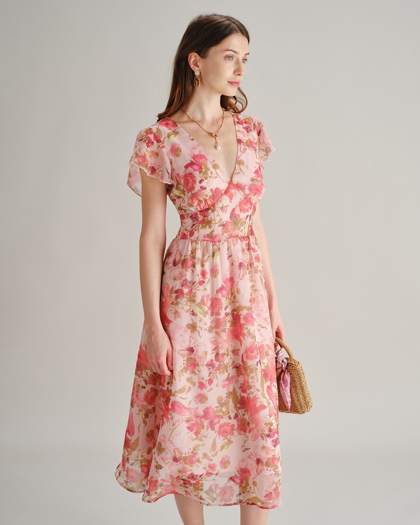 Floral Chiffon Midi Dress in Pink with V-Neck