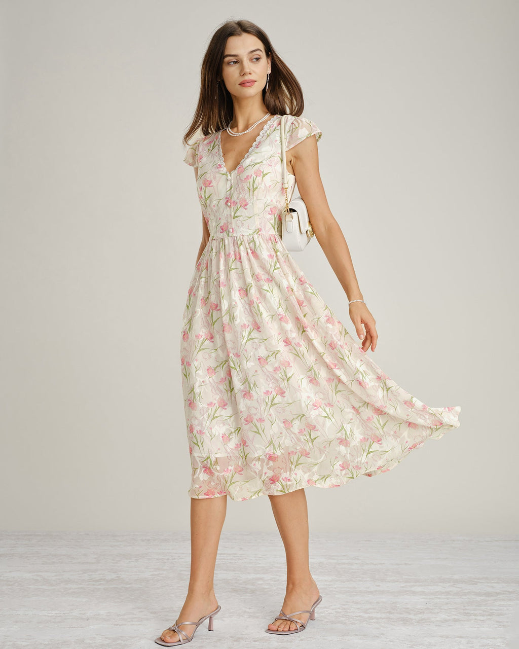 Floral Lace Midi Dress with V-Neck in Pink