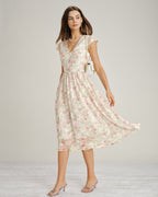 Floral Lace Midi Dress with V-Neck in Pink