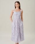 Jacquard Midi Dress with Purple Square Neckline