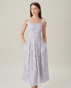 Jacquard Midi Dress with Purple Square Neckline
