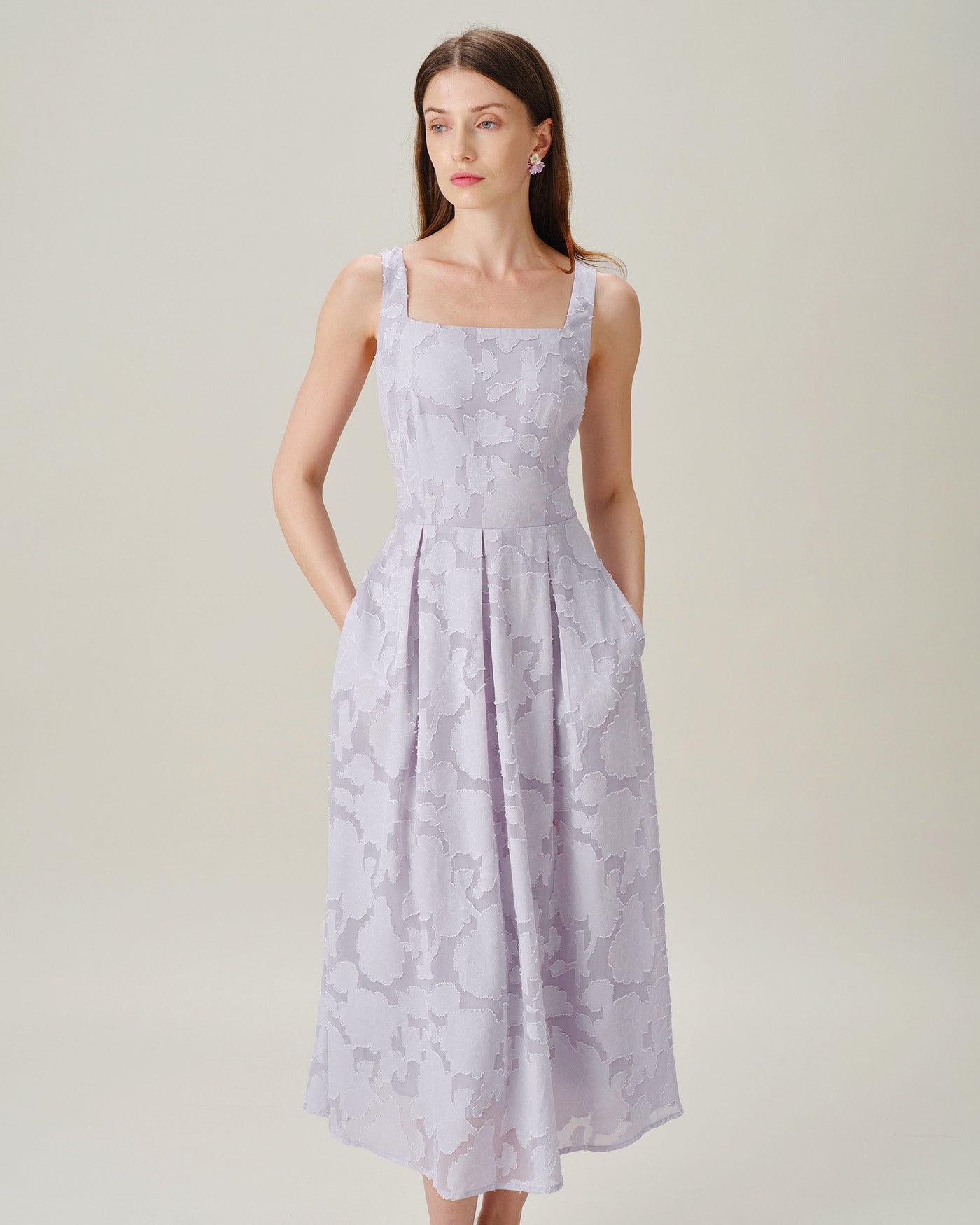 Jacquard Midi Dress with Purple Square Neckline