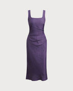 Purple Midi Dress with Square Neck and Slip Design