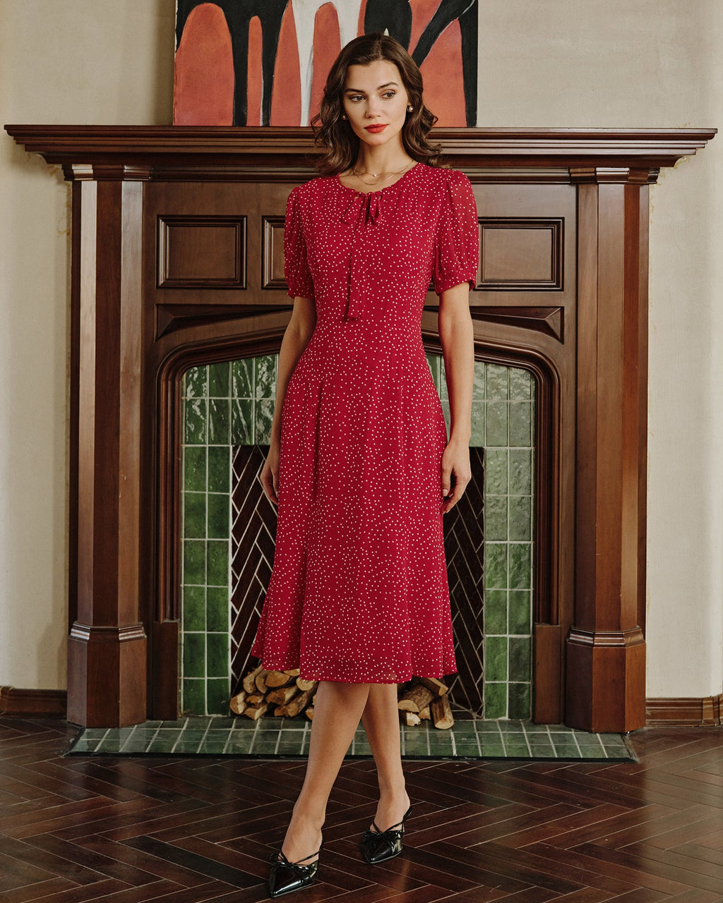 Chiffon Midi Dress with Red Polka Dots
