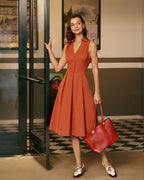 Crimson Sleeveless Midi Dress with Button Detail