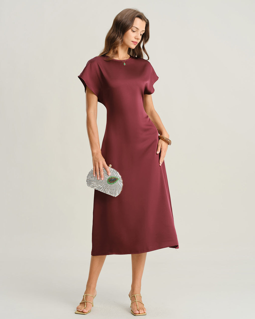 Crimson Satin A-Line Midi Dress with Cowl Sleeves