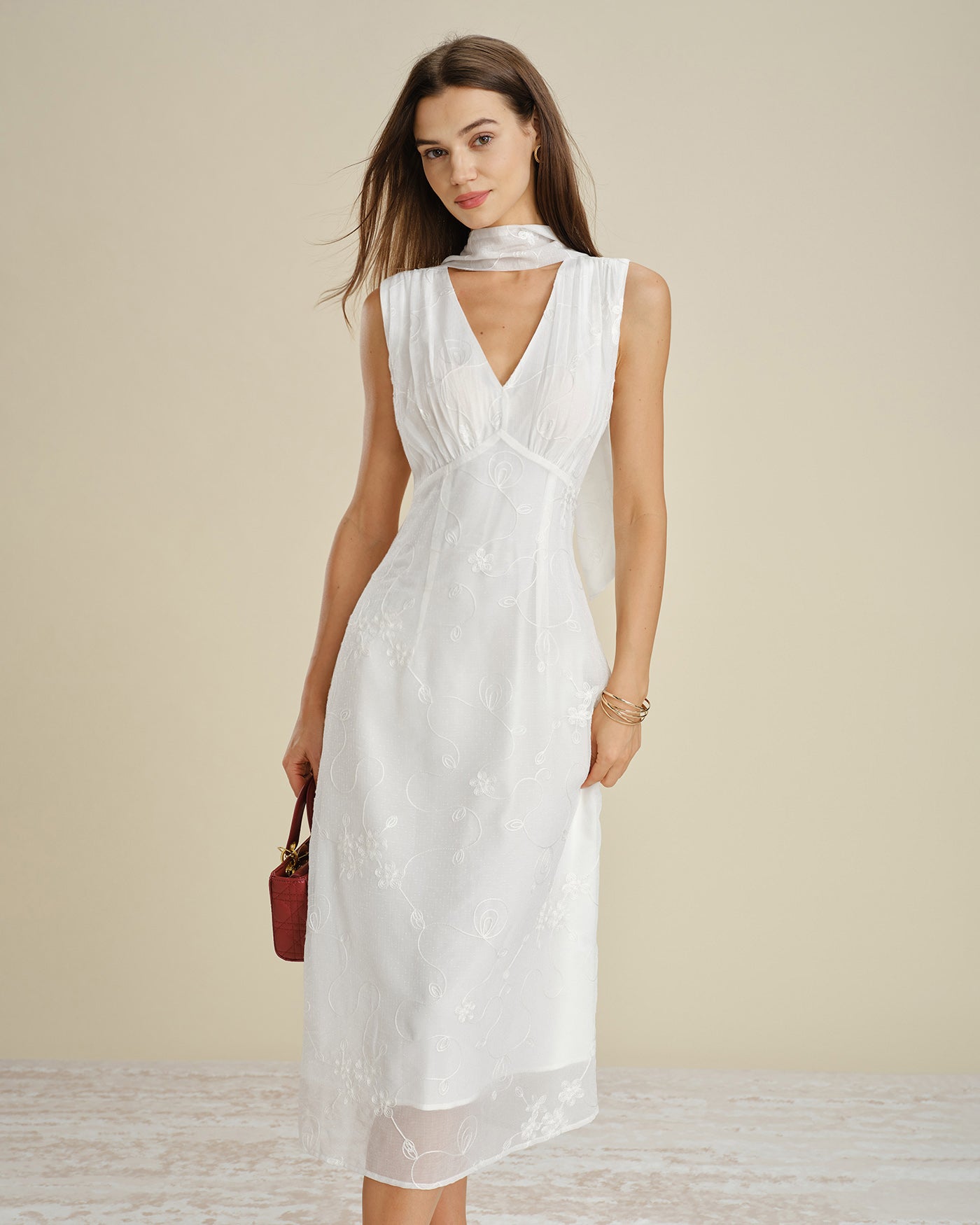 White Midi Dress with Floral Embroidery and V-Neck