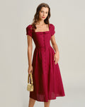 Wine Red A-Line Midi Dress with Square Neckline