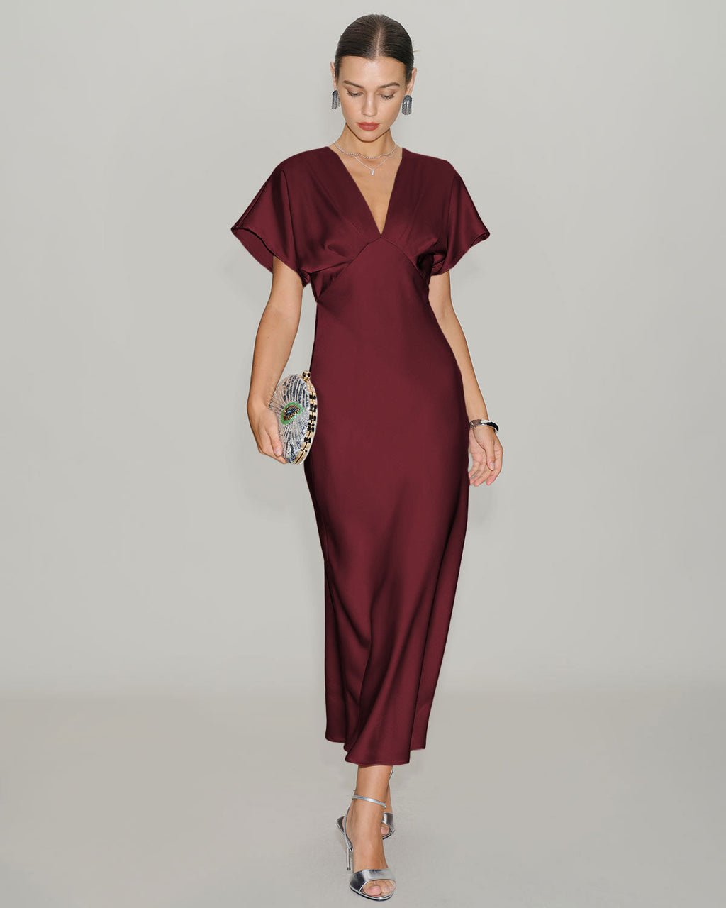 Wine Red Satin Midi Dress with Cowl Sleeves