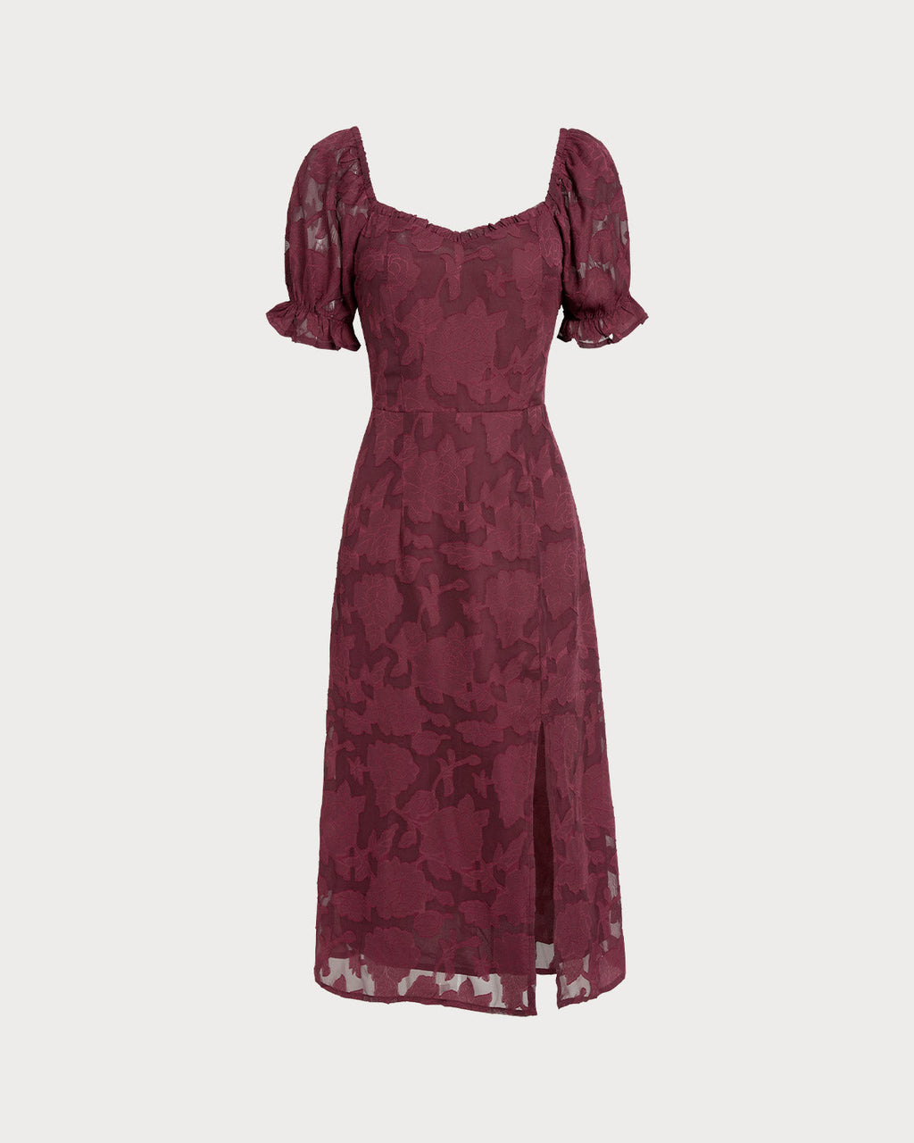 Wine Red Jacquard Midi Dress with Slit