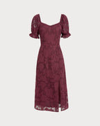 Wine Red Jacquard Midi Dress with Slit
