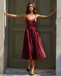 Wine Red Ruched A-Line Midi Slip Dress