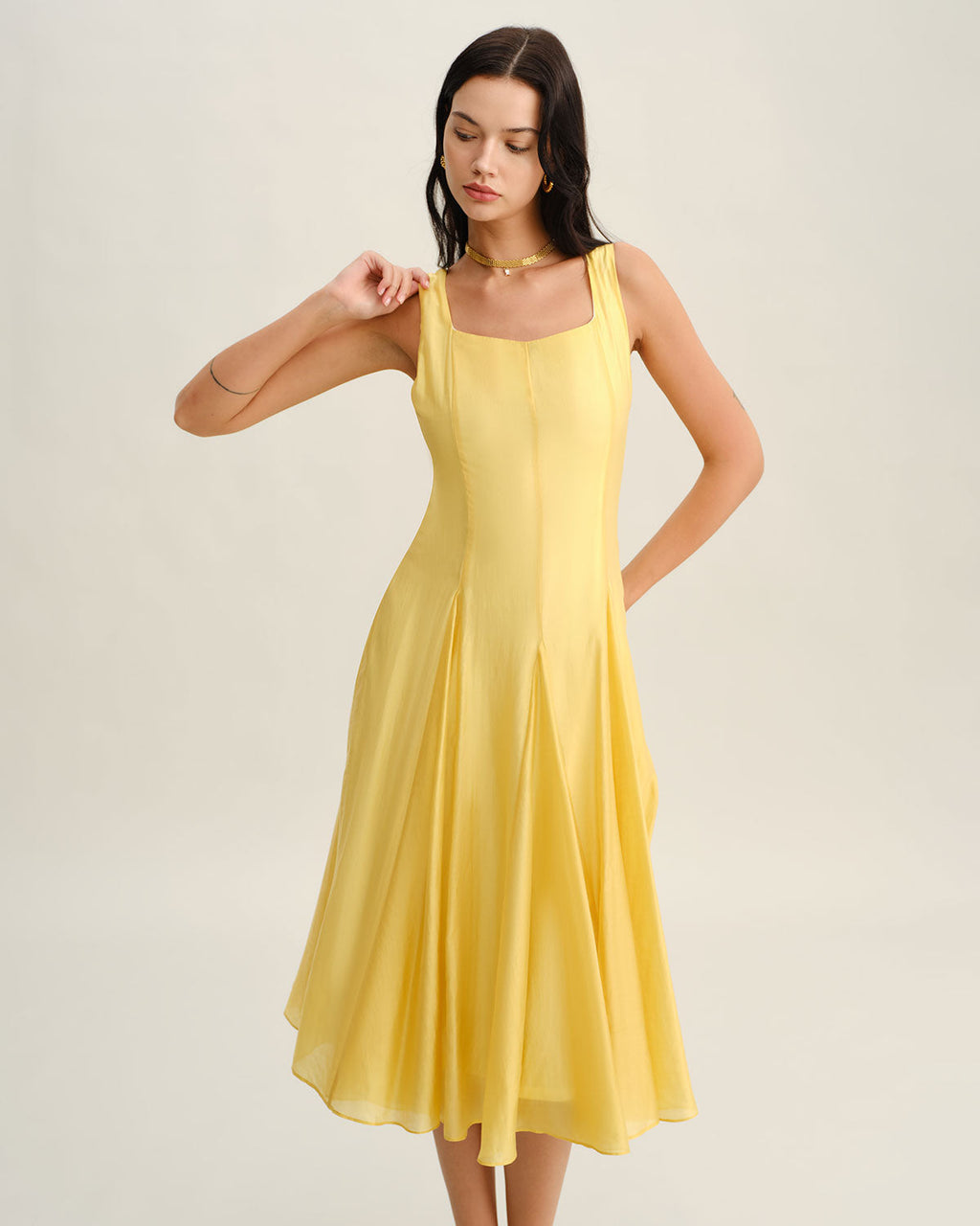 Pleated Midi Dress with Square Neck in Yellow