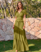 Chiffon Maxi Skirt with Green Elastic Waist