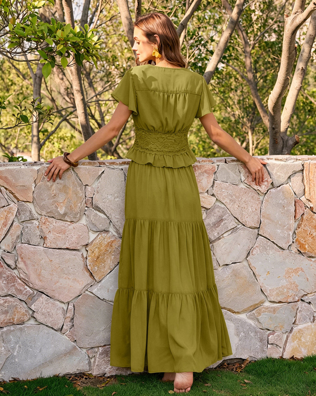 Chiffon Maxi Skirt with Green Elastic Waist