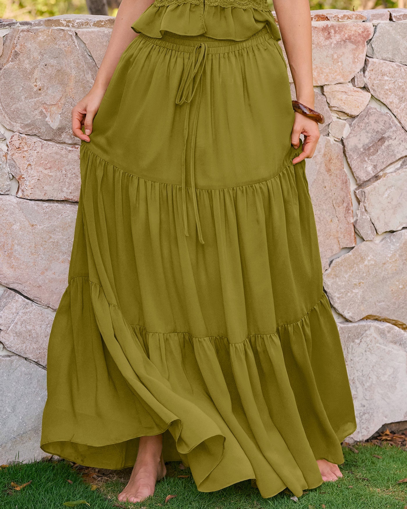 Chiffon Maxi Skirt with Green Elastic Waist