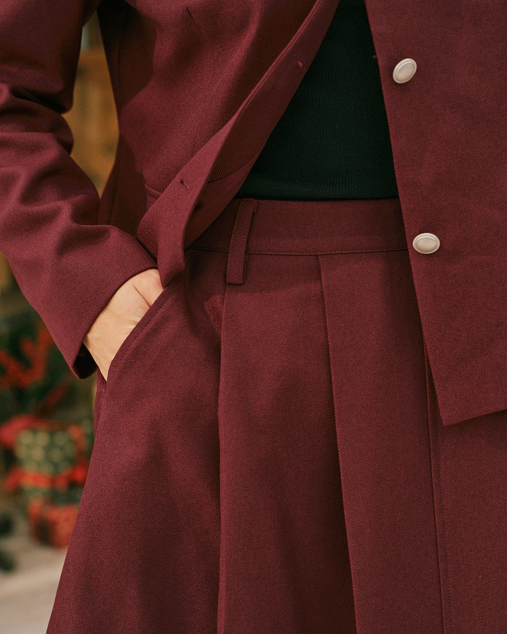 Wine Red Pleated A-Line Mini Skirt" can be rewritten as "Pleated A-Line Mini Skirt in Wine Red.