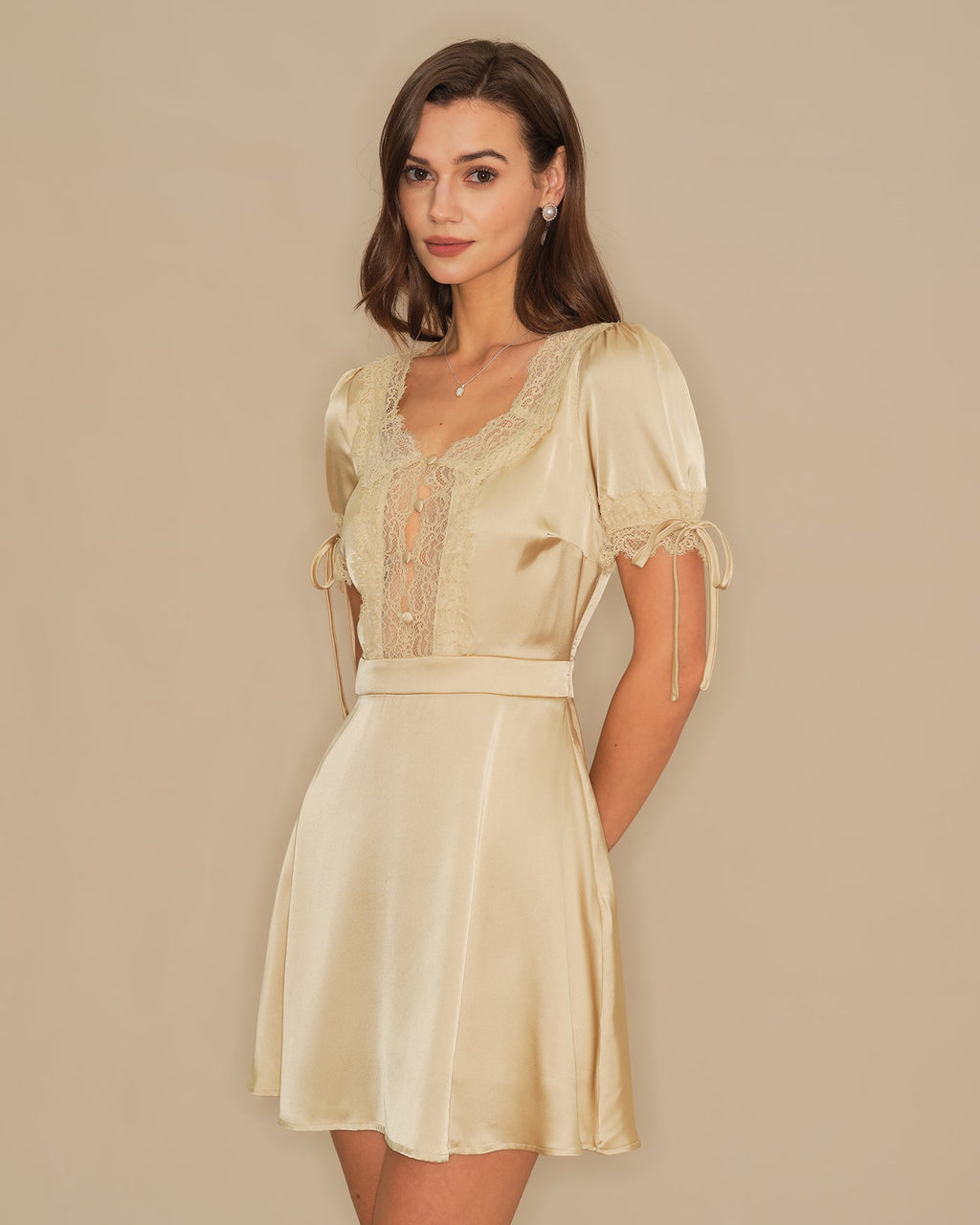 Apricot Lace Satin Mini Dress with V-Neck