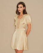 Apricot Lace Satin Mini Dress with V-Neck