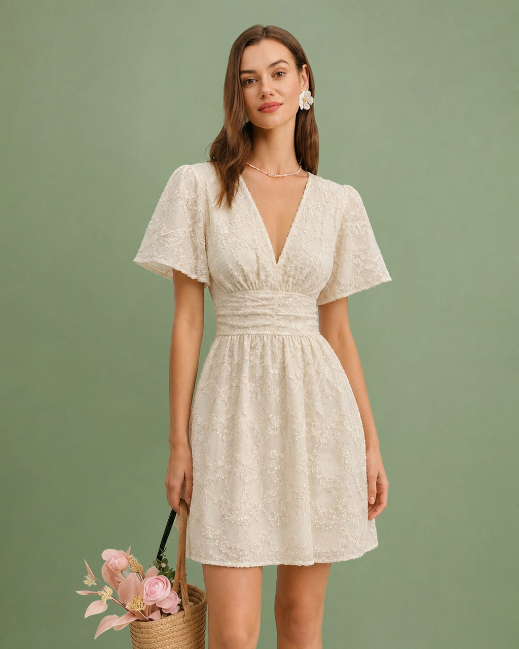 Textured Apricot V-Neck Mini Tunic Dress