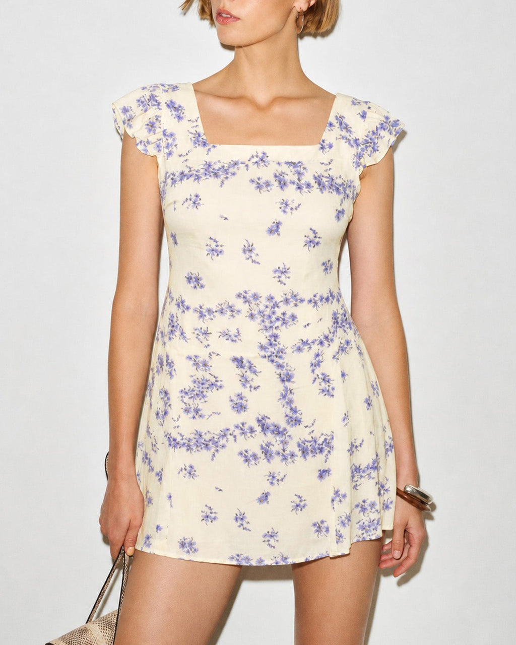 Floral Mini Dress with Square Neck and Tie Detail in Apricot