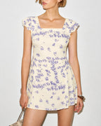 Floral Mini Dress with Square Neck and Tie Detail in Apricot