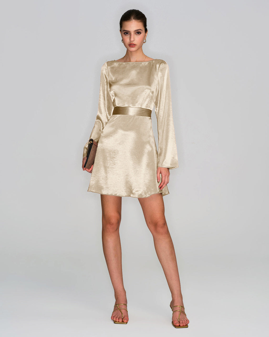 Apricot Satin A-Line Mini Dress with Boat Neck