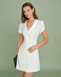 Beige Satin Mini Dress with Collar and Button Detail