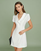 Beige Satin Mini Dress with Collar and Button Detail