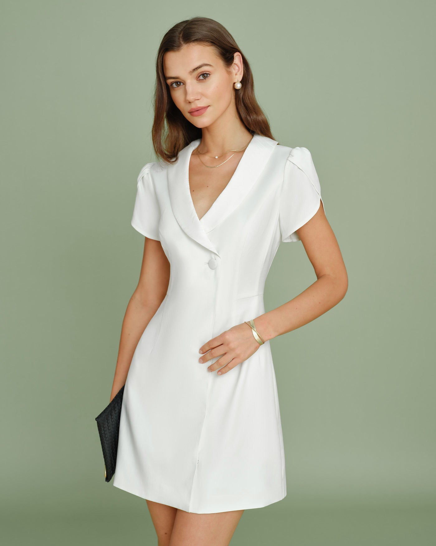 Beige Satin Mini Dress with Collar and Button Detail
