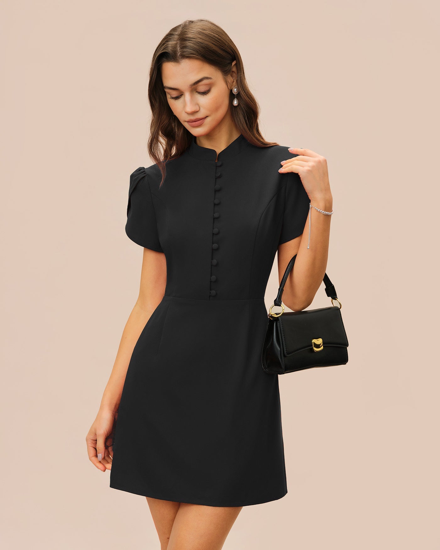 Black Mandarin Collar Mini Dress with Petal Sleeves