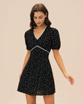 Floral Lace Mini Dress with V-Neck in Black