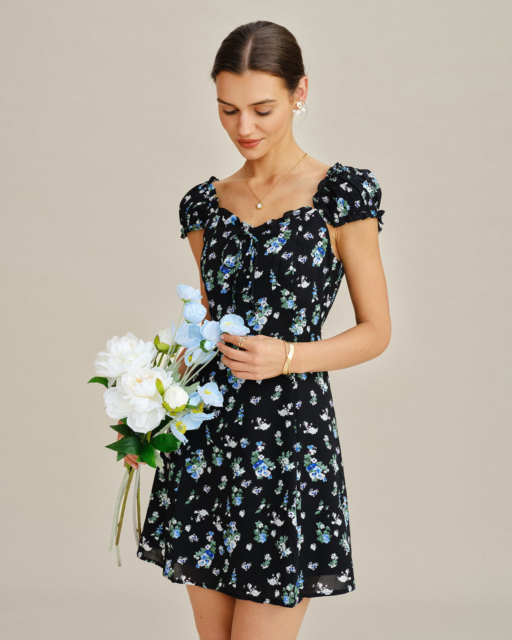 Floral Print Black V-Neck Mini Tunic Dress